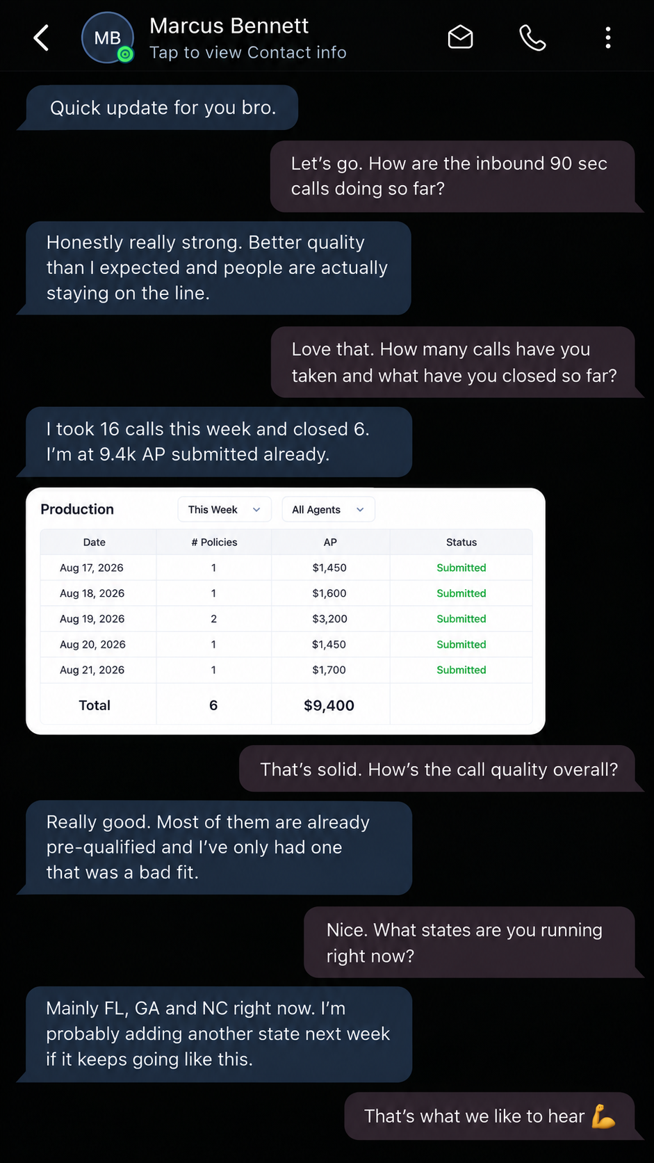 Client conversation about Advlo call quality and submitted annual premium